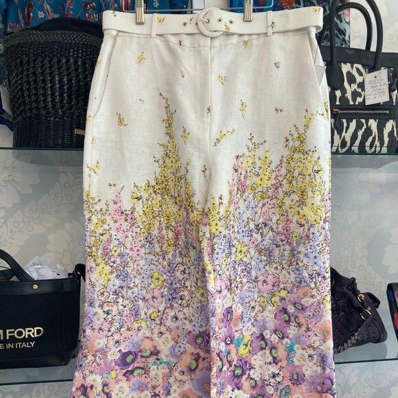 Zimmermann Cream & Floral Linen Belted Pants - Size XL - Picture 1 of 8